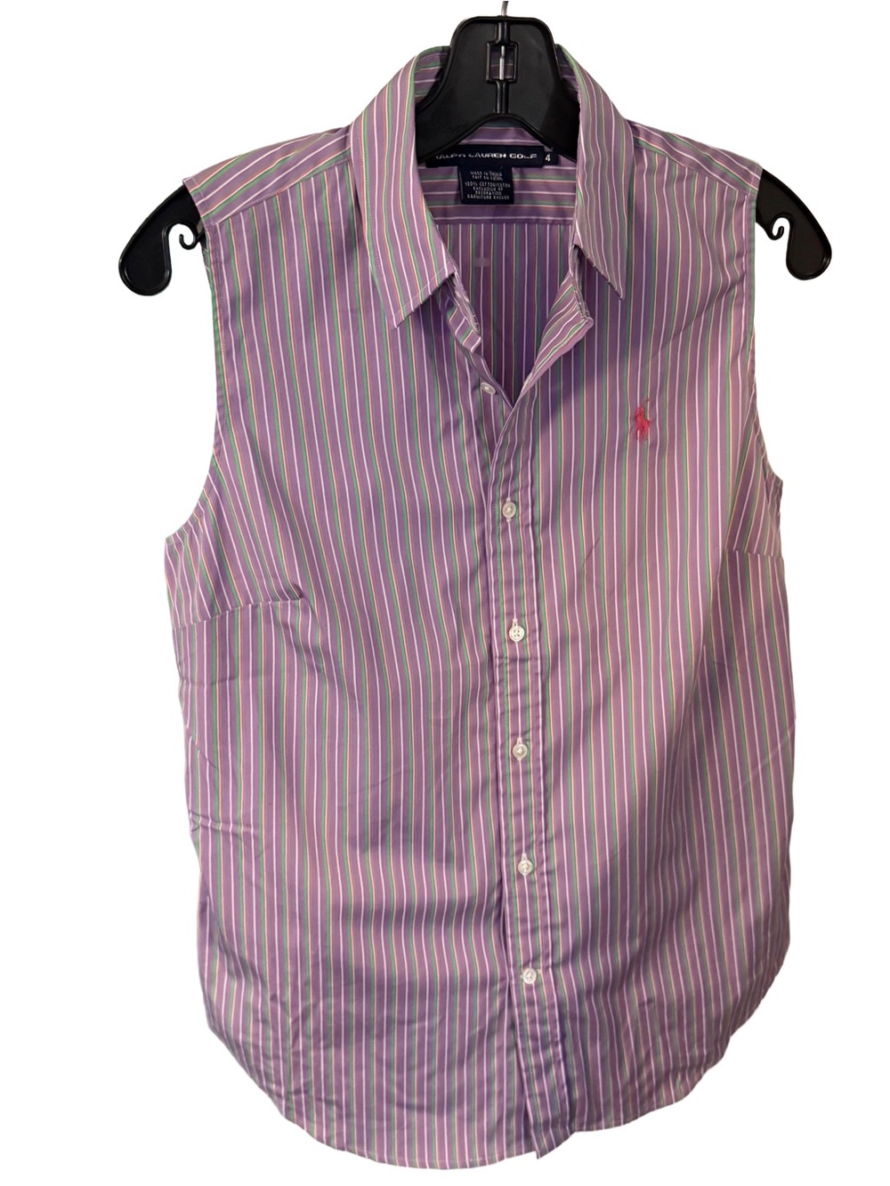 Ralph Lauren Sport Women’s Shirt Sleeveless Button Down Purple Green Stripe Sz 4